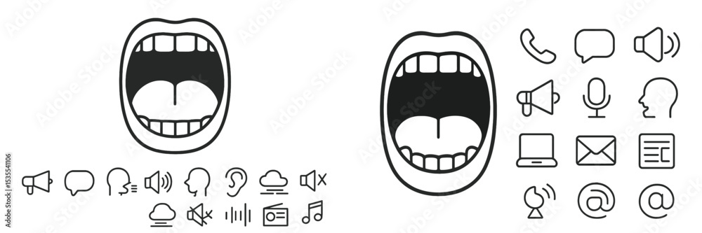 Poster illustrations of open mouths with various communication and sound symbols showcasing expressive them