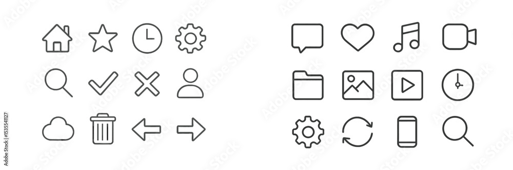 Poster Collection of simple line icons representing various digital interface functions in a minimalistic design