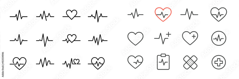 Aufkleber various health and medical heart rate icons displayed in a grid layout for design use or illustrativ