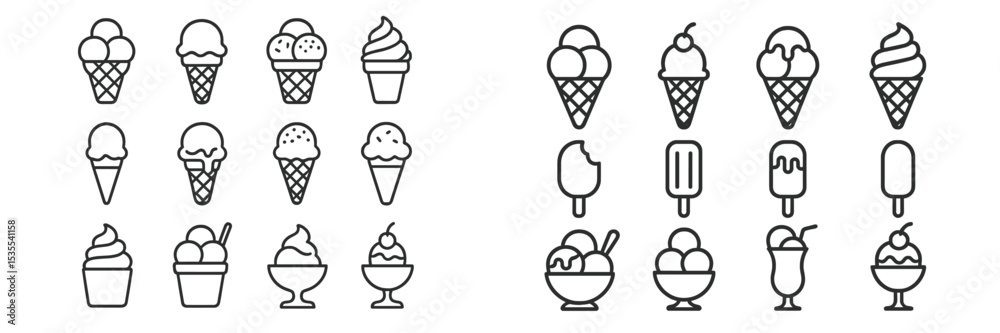 Poster illustrations of various ice cream types showcased in a minimalistic style on a white background