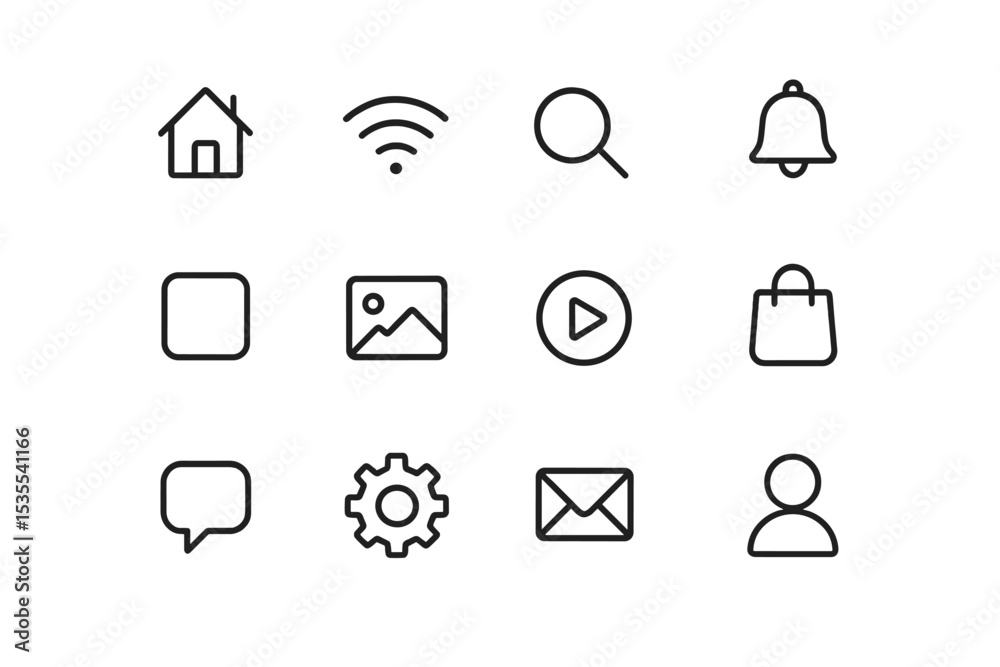 Aufkleber Icons representing various digital functions and activities displayed on a clean white background for user interface design