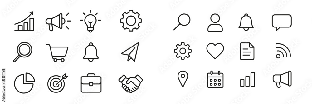 Poster various icons representing business, communication, and technology concepts arranged in a grid for d