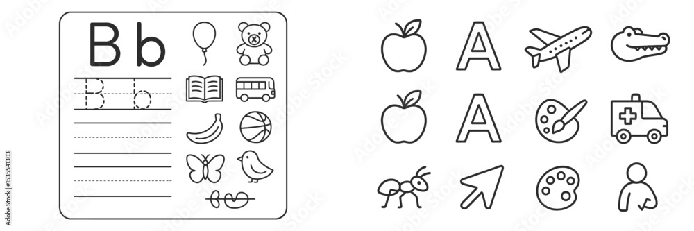 Poster Educational activity sheet featuring letters and corresponding illustrations for young learners in a classroom setting