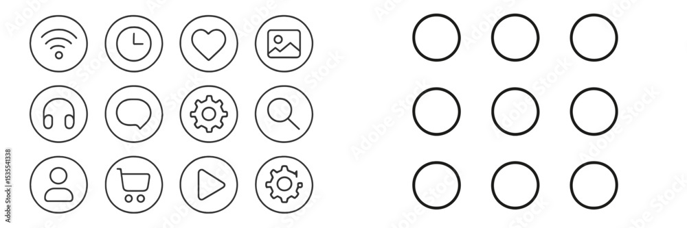 Poster round icon designs featuring common symbols for technology and social media usage in a minimalist st