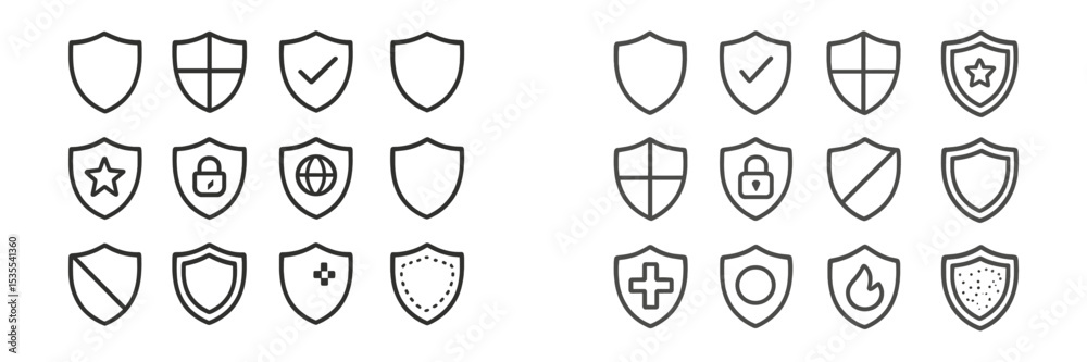 Poster Various shield icons representing security, protection, and reliability in a simple design format