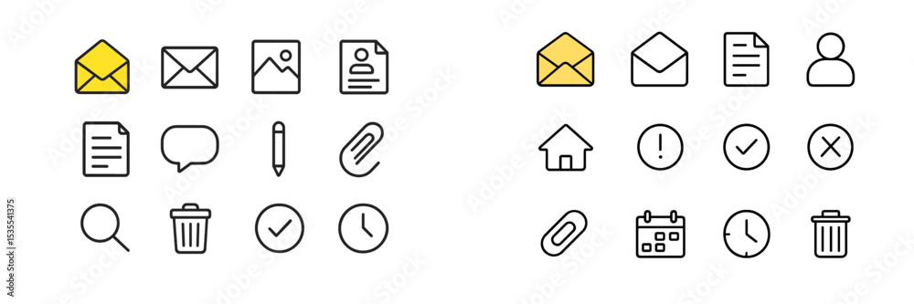 Poster modern icons collection featuring various symbols of communication, organization, and tasks in a sim