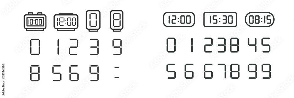 Poster digital clock display featuring various time formats and numerical sequences on a white background