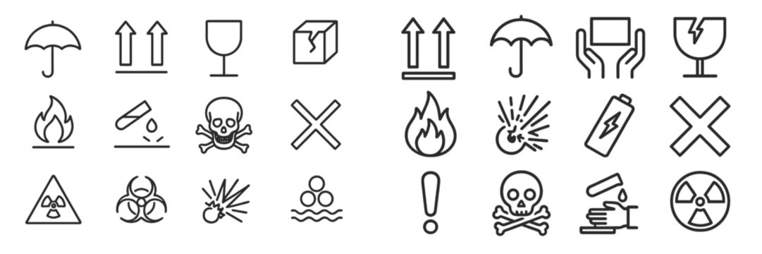 Various safety symbols displayed on a white background for awareness of hazardous materials and situations