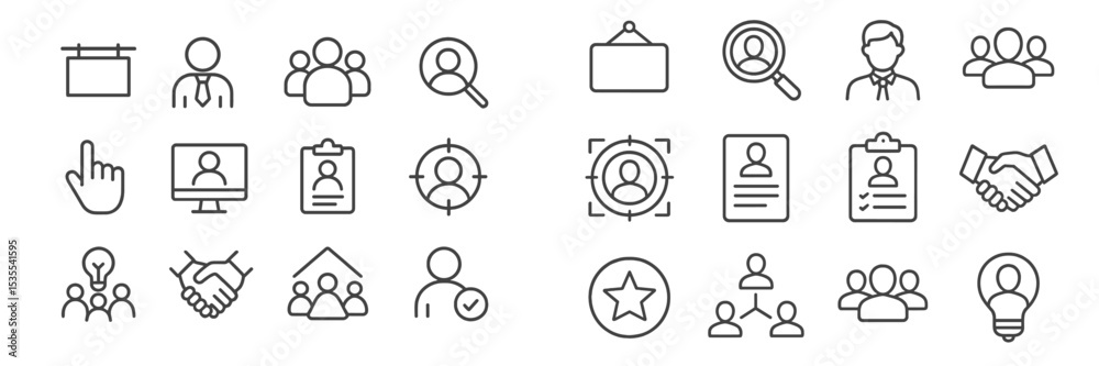 Poster Collection of line icons representing various professional activities and collaboration themes in a modern workspace environment