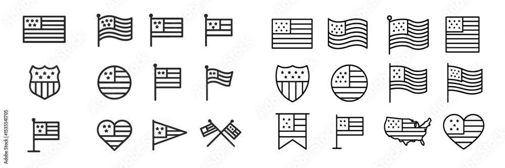 Poster Collection of simple line-art designs featuring American flags in various shapes and styles