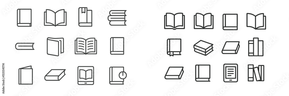 Poster collection of various book and reading-related icons displayed in a simple, minimalist design