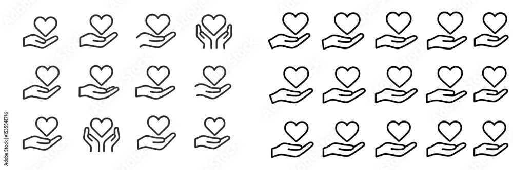 Poster collection of hand-drawn heart icons representing love and care in a minimalist style suitable for v