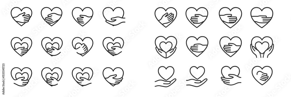 Poster collection of hand-drawn heart illustrations depicting love and unity in various styles and gestures