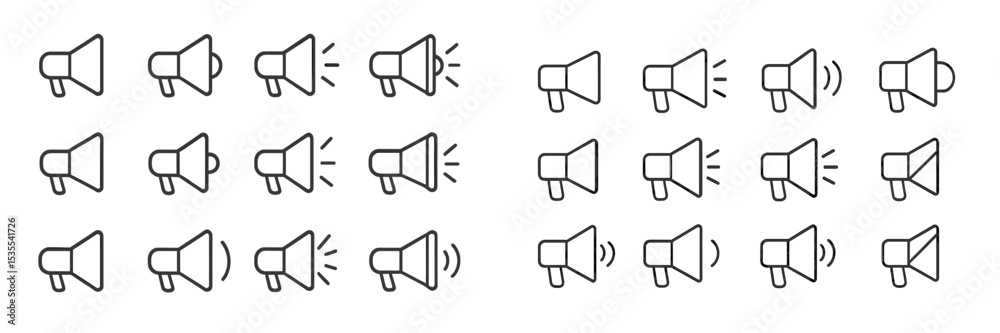 Poster collection of speaker icons representing sound and announcements in a minimalist design style