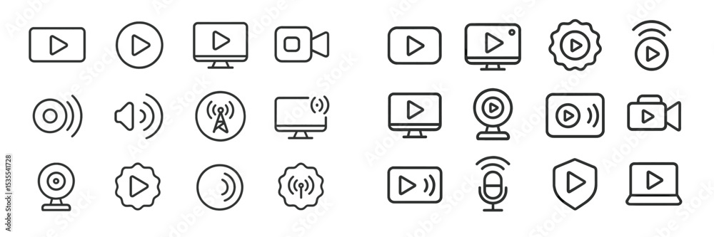 Poster Collection of multimedia icons representing video playback and audio functions in a digital format for user interface design