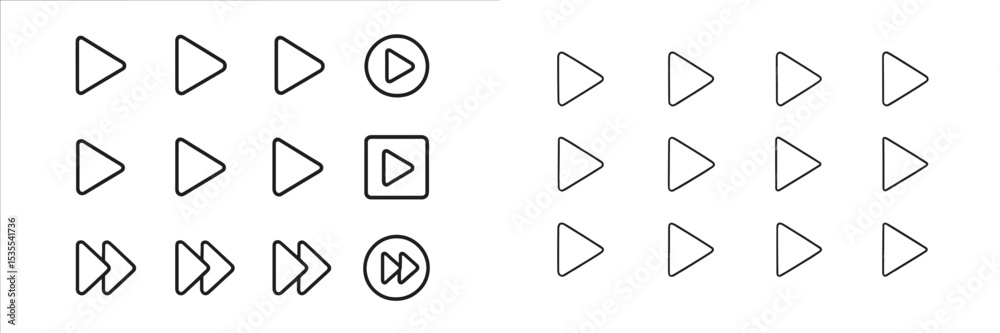 Poster Collection of play button icons displayed in various styles and sizes on a white background