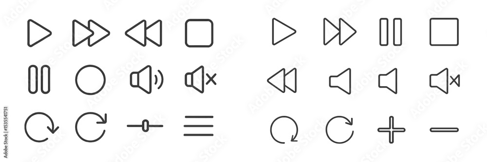 Poster Various multimedia control icons arranged in a grid displaying play, pause, rewind, and volume options, suitable for digital interfaces