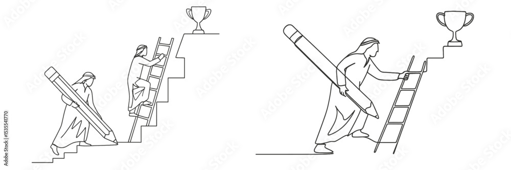 Aufkleber Progress in learning as figures ascend stairs with a pencil towards a trophy reward in a minimalist style