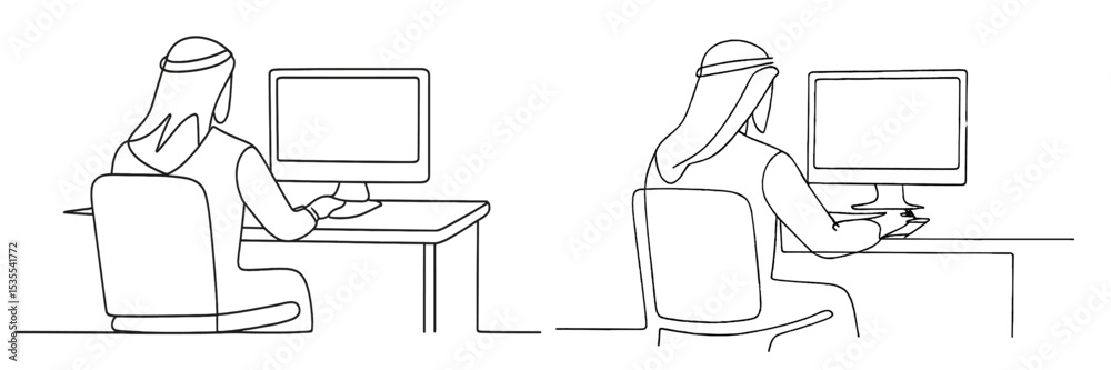 Poster Two individuals engaged in computer work in a minimalistic office setting during daytime hours