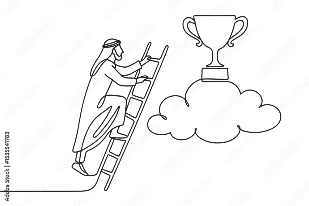 Aufkleber climbing a ladder towards a trophy in the clouds represents ambition and achievement in a minimalist