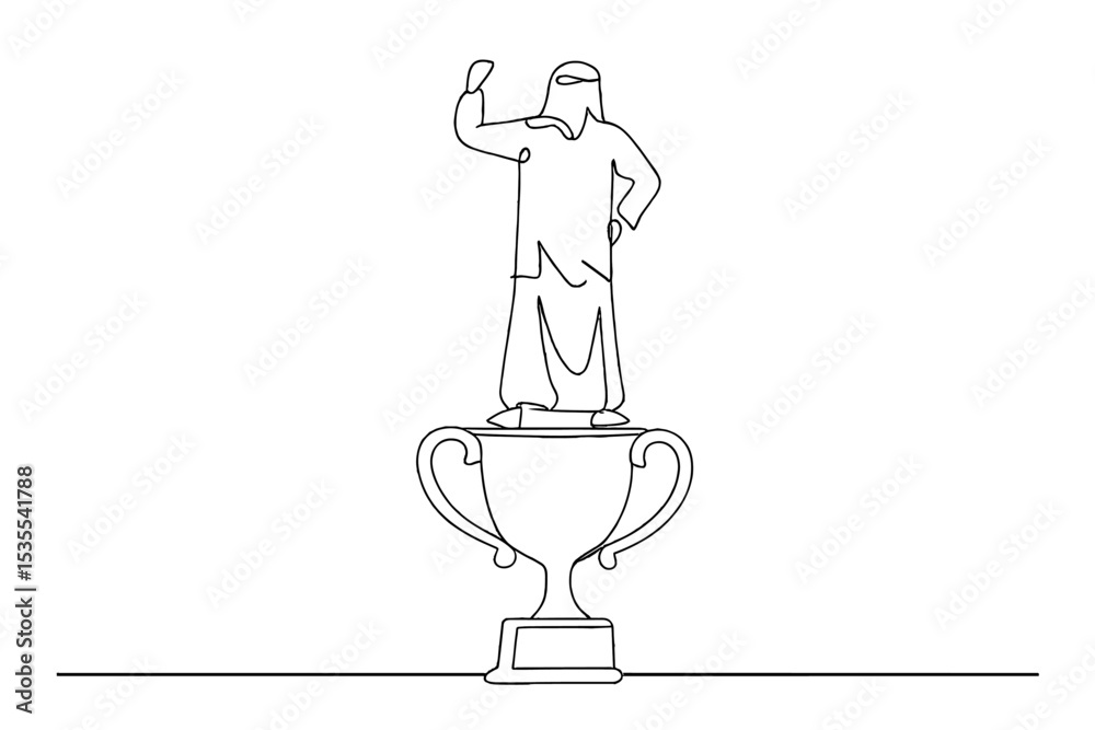 Poster celebration of achievement with a trophy and a figure showing victory in a simple line drawing style
