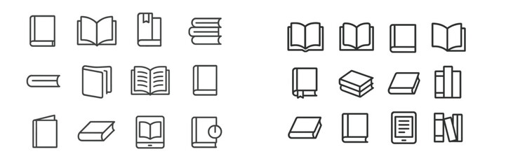 Collection of various book and reading-related icons displayed in a simple, minimalist design