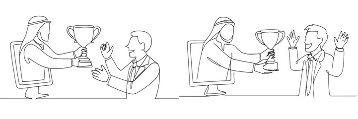 Celebrating achievement in a virtual award ceremony with participants sharing a trophy across digital screens