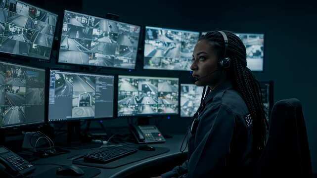 African american woman monitoring multiple screens showing CCTV footage. Emergency dispatcher working in control room setting at night.