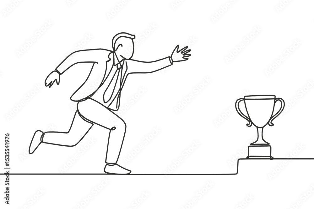 Poster businessman running towards a trophy in a minimalist line drawing style during a competitive event