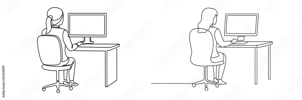 Poster Two people working at desks using computers in a minimalist office setting during daylight hours, showcasing modern workspace designs