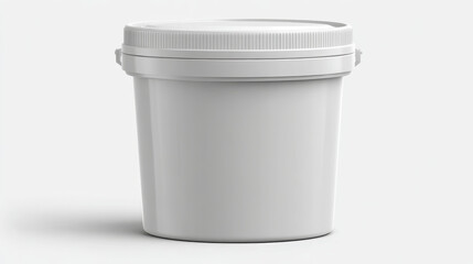 White plastic container featuring lid and handles, showcasing versatile packaging design potential for food, paint, or household storage solutions