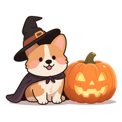 Fototapeta premium Cartoon Corgi in Witch Costume with Crooked Hat, Broomstick, and Jack-o'-Lantern on White Background for Halloween Illustration