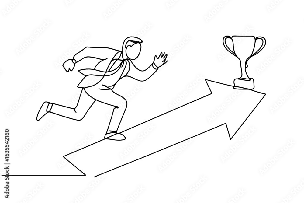 Poster businessman running towards success with a trophy and upward arrow in a simplified graphic illustrat