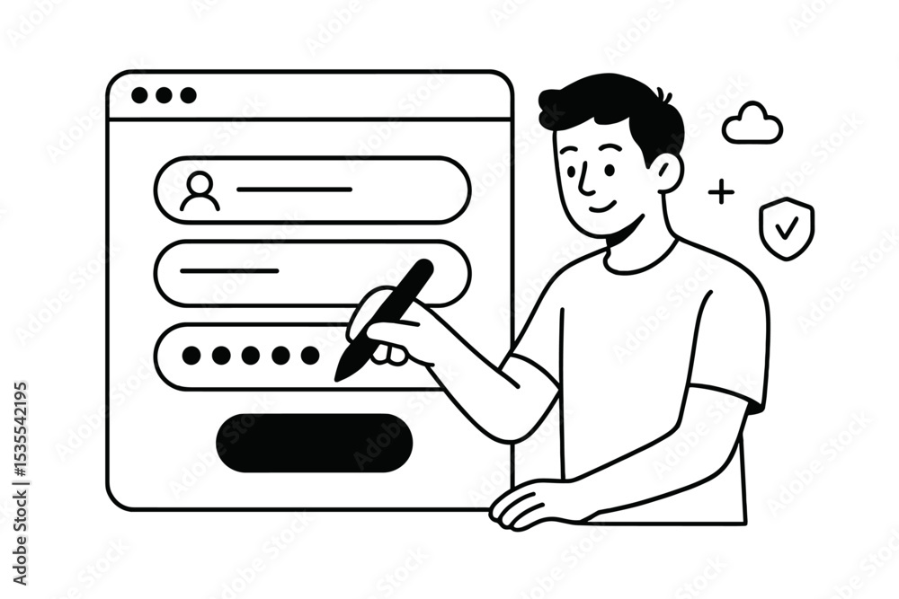 Poster User filling out online form for account registration, emphasizing data security and user-friendly design