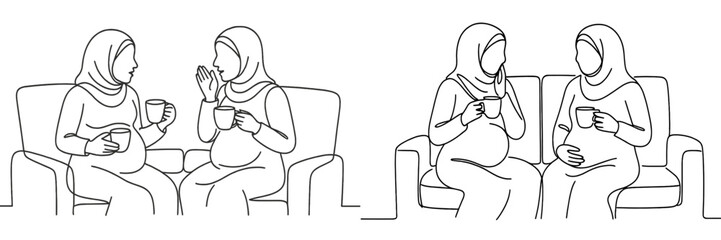 Fototapeta premium Pregnant women sharing stories and enjoying tea in a cozy living room while seated on a comfortable couch