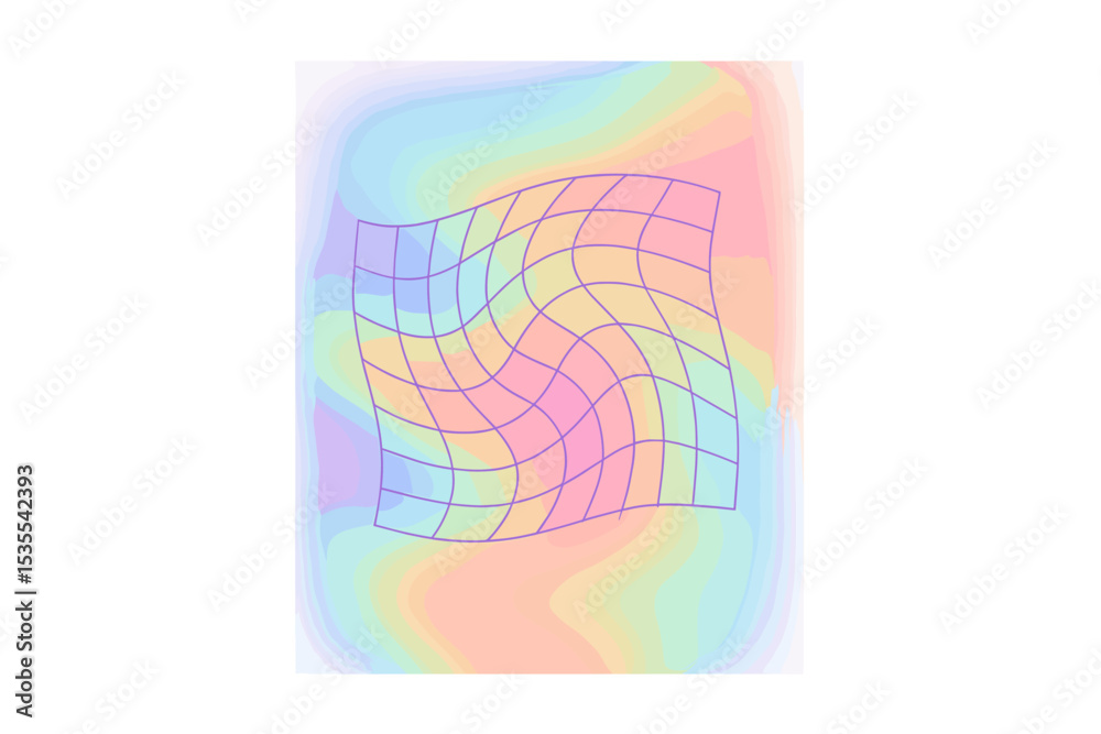 Poster abstract digital artwork featuring a colorful wavy grid on a soft pastel background