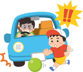 交通安全　飛び出す子供と急ブレーキをかける自動車