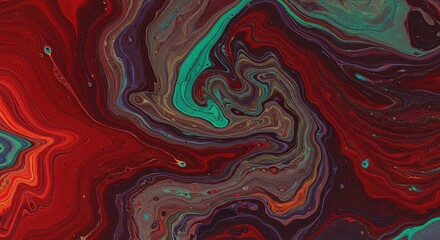 Abstract art featuring swirling patterns and colors including red turquoise and gray.