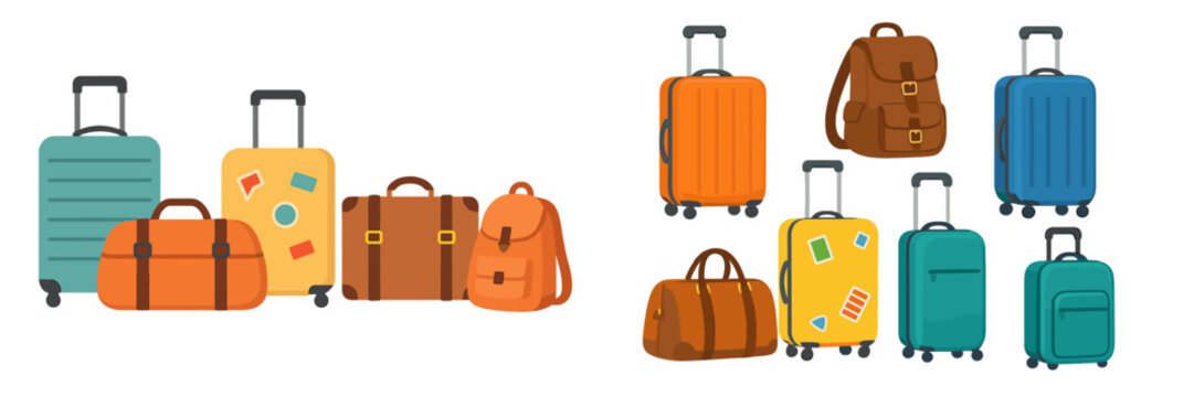 Colorful assortment of travel luggage and bags arranged creatively for a packing concept