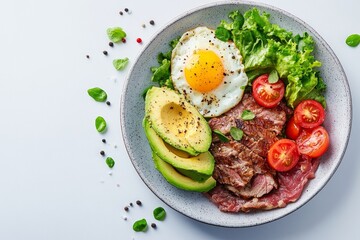 Healthy keto breakfast bowl with grilled steak, avocado, fried egg, salad, and cherry tomatoes on a white background