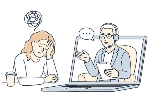 Counselor provides virtual support to a woman experiencing stress during an online session