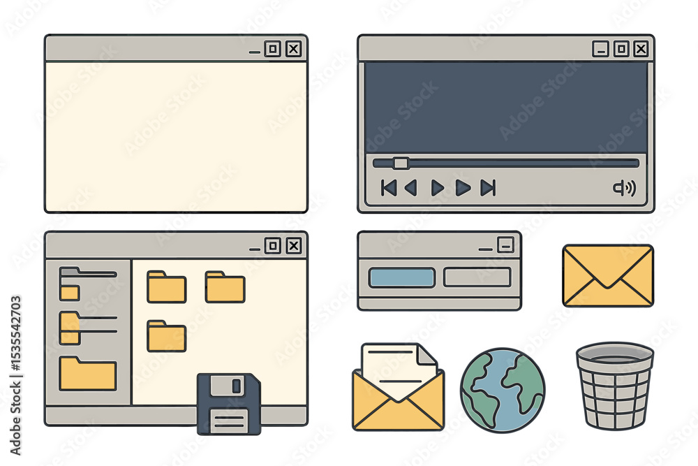 Poster digital interface elements featuring folders, a media player, and common online symbols