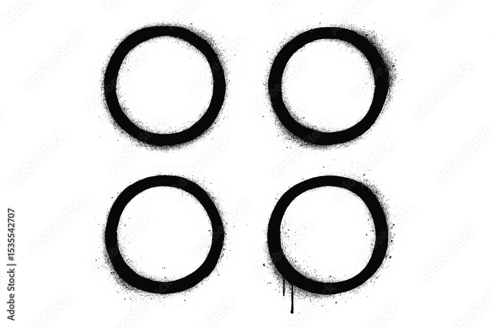 Poster abstract design featuring four black circles with spray paint texture on a white background