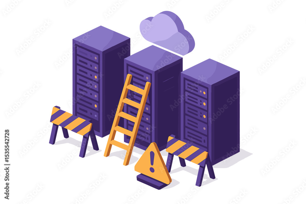 Poster servers under construction with a ladder and warning sign in a virtual cloud environment