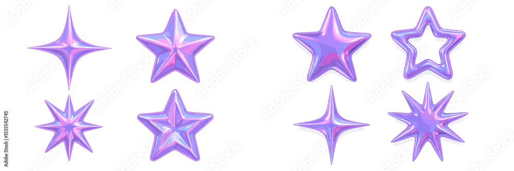 Poster shiny purple star shapes with a glossy finish, showcasing various styles and sizes in a minimalistic