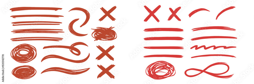 Poster Brush strokes and patterns created with red ink on white background for artistic design and illustration purposes