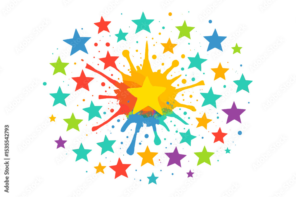 Poster colorful burst of stars with vibrant splashes creating an artistic display suitable for celebrations
