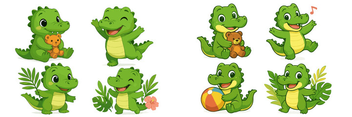 Obraz premium Cute green cartoon crocodiles enjoying playful moments with toys and plants in a bright and cheerful environment