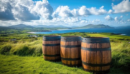 Obraz premium Wooden barrels on a grassy hill overlooking a bay