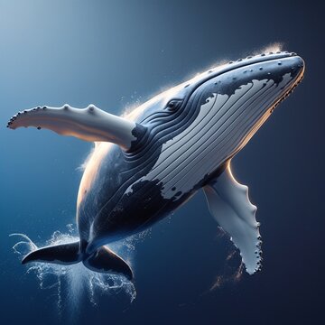 The 3D illustration depicts a majestic ballena whale emerging from blue ocean water, glowing warmly with sunlight, its gray and white skin, and its spread fins and tail.